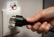 Mão retirando o plugue da tomada para desligar a geladeira à noite, ilustrando o mito de economia de energia e o risco para os alimentos.