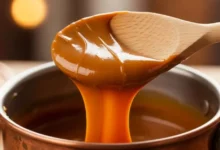 Colher de pau retirando uma porção generosa de doce de leite mineiro brilhante de dentro de um tacho de cobre tradicional.