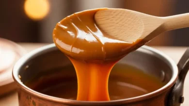 Colher de pau retirando uma porção generosa de doce de leite mineiro brilhante de dentro de um tacho de cobre tradicional.