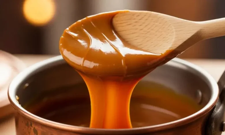 Colher de pau retirando uma porção generosa de doce de leite mineiro brilhante de dentro de um tacho de cobre tradicional.