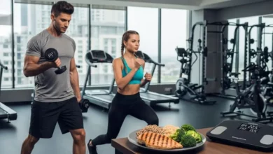 Atletas treinando musculação com foco em emagrecer sem perder massa muscular, acompanhado de dieta proteica.