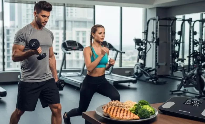 Atletas treinando musculação com foco em emagrecer sem perder massa muscular, acompanhado de dieta proteica.