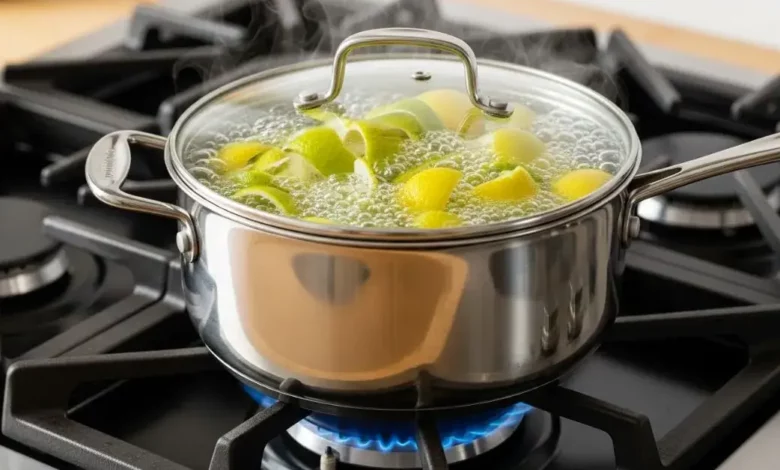 Panela com água fervendo no fogão contendo diversas cascas de limão para perfumar o ambiente e eliminar odores naturais.