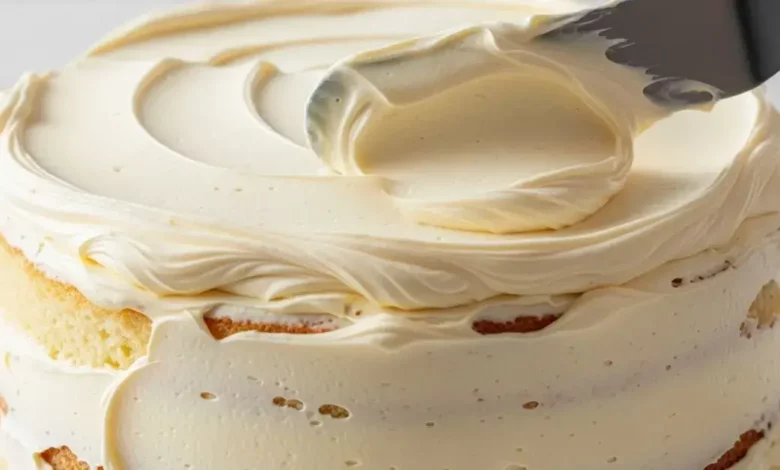 Espátula espalhando uma camada generosa de glace de leite condensado sobre um bolo alto, destacando a textura lisa e cremosa.