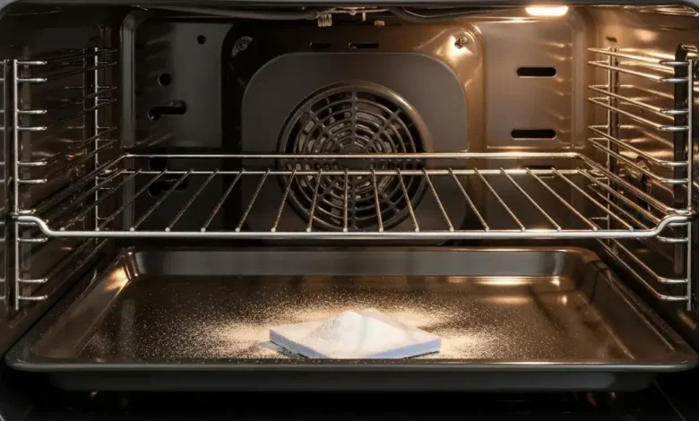 Interior de um forno limpo e brilhante após aplicação do jeito mais fácil de limpar o forno do fogão com bicarbonato.