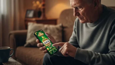 Idoso sentado no sofá utilizando um smartphone com gráficos de apostas coloridos do jogo do tigrinho, demonstrando preocupação com a tela.