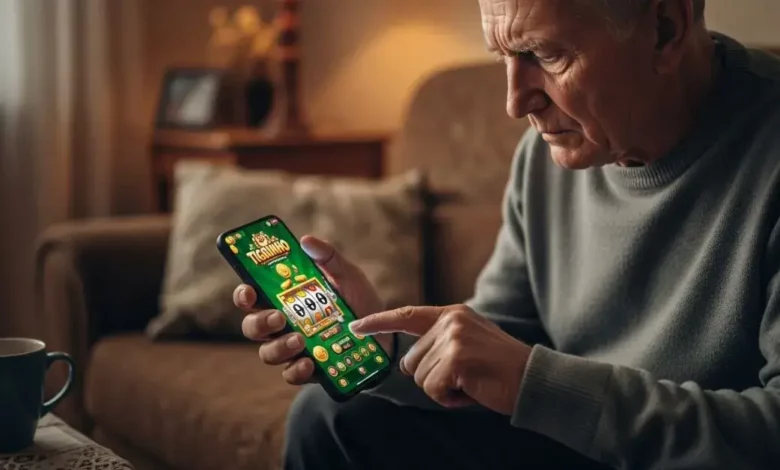 Idoso sentado no sofá utilizando um smartphone com gráficos de apostas coloridos do jogo do tigrinho, demonstrando preocupação com a tela.