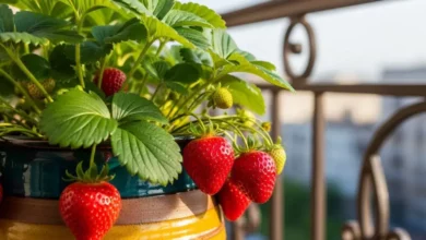 Vaso de cerâmica em uma varanda de apartamento com morango