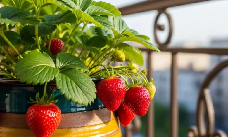 Vaso de cerâmica em uma varanda de apartamento com morango
