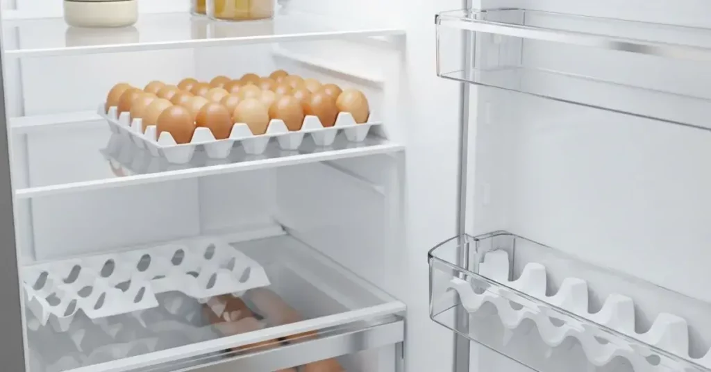 Ovos armazenados corretamente na embalagem de papelão dentro da prateleira da geladeira para evitar salmonela.