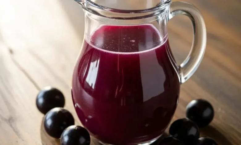 Jarra de suco de jabuticaba roxo intenso e refrescante, rico em antioxidantes, servido com frutas frescas sobre a mesa.