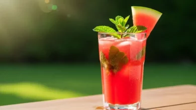 Copo alto de suco de melancia com hortelã bem gelado, decorado com uma fatia de fruta e folhas verdes em um cenário ensolarado.