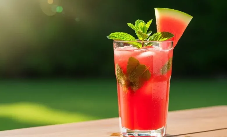 Copo alto de suco de melancia com hortelã bem gelado, decorado com uma fatia de fruta e folhas verdes em um cenário ensolarado.