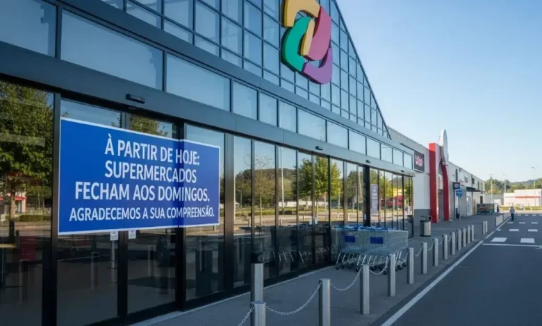 Fachada de um grande supermercado com as portas fechadas e um aviso informando que os supermercados começam a fechar aos domingos.