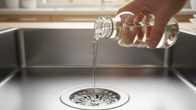 Pessoa despejando vinagre nos ralos da cozinha para eliminar mau cheiro e limpar o encanamento de forma natural.