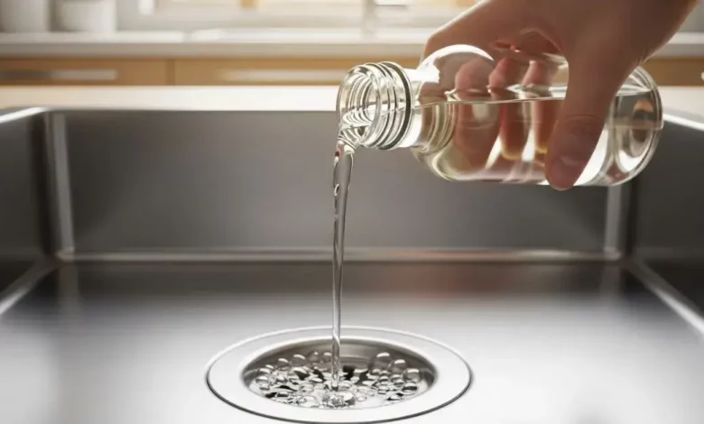 Pessoa despejando vinagre nos ralos da cozinha para eliminar mau cheiro e limpar o encanamento de forma natural.