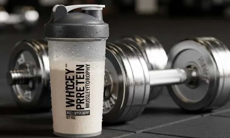Shakeira com Whey Protein para Hipertrofia Muscular ao lado de pesos de academia, destacando a suplementação para ganho de massa.